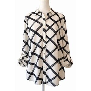 Jacklyn Smith XL Black White Plaid Button Front Blouse Roll Tab Sleeves Office